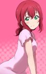  alternate_hairstyle bad_id bad_pixiv_id bangs blush dress green_eyes highres icehotmilktea kurosawa_ruby looking_at_viewer love_live! love_live!_sunshine!! low_twintails medium_hair pink_background pink_dress red_hair short_sleeves sidelocks smile solo twintails 