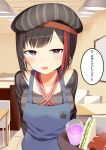  absurdres apron bang_dream! bangs beret black_hair blue_apron blush breasts brown_eyes chair chocolate_cornet collarbone cup drink drinking_glass eyebrows_visible_through_hair food grey_hat hat highres holding holding_tray indoors kura_ekaki long_sleeves looking_at_viewer mitake_ran multicolored_hair open_mouth red_hair sandwich shirt small_breasts solo standing streaked_hair striped striped_shirt table translated tray waitress 