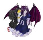  2girls armband black_hair blue bow bracelet breasts dress duel_monster emblem fabled_grimro fabled_krus feathers frills green_eyes hair_covering_eye hair_over_one_eye high_heels holding horns jewelry kneeling multiple_girls necklace purple_hair sitting stoic surprised tiara wings yu-gi-oh! 