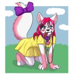  all_fours angelicdevil anthro babystar blue_eyes blush bow canine clothed clothing collar cub cute dog dress female fur german_shepherd invalid_tag jewelry leash lightning_bolt mammal necklace pink_fur playful playing ribbons solo tail_bow tail_ribbon walking white_fur yellow_dress young 