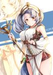  absurdres bare_shoulders blue_hair blush breasts character_name clenched_hand closed_mouth cowboy_shot detached_sleeves eyebrows_visible_through_hair granblue_fantasy highres holding holding_staff looking_at_viewer medium_breasts smile solo sophia_(granblue_fantasy) staff standing twintails whatwine yellow_eyes zoom_layer 