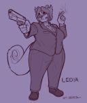  anthro black_sclera business_suit cigar clothed clothing curved_horn female greasymojo gun horn ledya mammal monochrome ranged_weapon smile smirk solo stermyn suit weapon 
