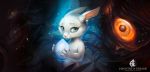  2018 5_fingers alectorfencer ambiguous_gender blue_eyes detailed_background digital_media_(artwork) fur group holding_object lagomorph mammal orange_eyes rabbit solo_focus standing unknown_species white_fur 