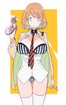  arm_at_side ass_visible_through_thighs blazer blue_eyes bra breasts breasts_outside brown_hair energy_gun highres holding jacket large_breasts long_sleeves looking_at_viewer nananiku_ichiko narusawa_ryouka no_pants occultic;nine open_blazer open_clothes open_jacket panties parted_lips ray_gun shirt solo standing striped striped_neckwear thighhighs underwear vertical-striped_bra vertical-striped_panties vertical_stripes weapon white_legwear white_shirt 