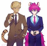  alternate_costume animal_ears blonde_hair business_suit closed_eyes coffee commentary_request formal glasses gradient_hair lycao_(show_by_rock!!) male_focus multicolored_hair multiple_boys necktie pink_hair purple_hair rom_(show_by_rock!!) sebychu show_by_rock!! suit tail 