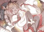  animal_ears asakura_masatoki black_legwear blonde_hair closed_eyes commentary_request detached_sleeves drooling erune eyebrows eyebrows_visible_through_hair granblue_fantasy highres long_hair lying open_mouth pantyhose pillow rope shimenawa short_hair sleeping solo vajra_(granblue_fantasy) wide_sleeves 