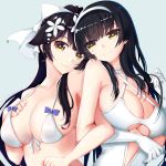  absurdres alternate_costume azur_lane bikini black_hair breasts cleavage cosplay creator_connection crossed_arms flower girls_frontline gloves hair_flower hair_ornament hairband highres large_breasts long_hair looking_at_viewer mahou_shounen mole mole_under_eye multiple_girls qbz-95_(girls_frontline) qbz-95_(girls_frontline)_(cosplay) smile swimsuit takao_(azur_lane) takao_(azur_lane)_(cosplay) yellow_eyes 