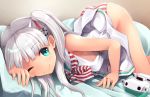  ;) anchor_hair_ornament ass bangs bed_sheet blush commentary_request dress eyebrows_visible_through_hair green_eyes hair_ornament hair_ribbon kantai_collection long_hair looking_at_viewer maestrale_(kantai_collection) mofu_namako one_eye_closed one_side_up open_mouth panties pillow ribbon sailor_collar sailor_dress sidelocks silver_hair sleeveless sleeveless_dress smile solo striped striped_neckwear striped_panties tan thighs top-down_bottom-up underwear white_dress 