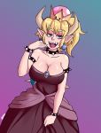  2018 5_fingers alternate_species animal_humanoid armband big_breasts blonde_hair blue_eyes bowser bowsette breasts cleavage clothed clothing collar crossgender crown dress ear_piercing female grin hair hi_res horn horned_humanoid humanoid humanoidized looking_at_viewer mario_bros nintendo nipples ohu piercing pointy_ears post_transformation reptile reptile_humanoid scalie shell simple_background smile solo spiked_collar spiked_shell spikes video_games 