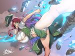  aura beret blue_fire bouncing_breasts braid breasts bursting_breasts cameltoe chinese_clothes cleavage clenched_hands commentary_request fire foreshortening green_eyes green_skirt hat hong_meiling huge_breasts kicking long_hair long_skirt navel no_bra obui panties pantyshot_(kicking) puffy_short_sleeves puffy_sleeves red_hair shirt short_sleeves side_braids signature skirt solo standing standing_on_one_leg star_hat_ornament toned touhou twin_braids underboob undersized_clothes underwear white_panties 