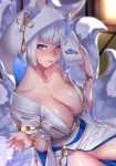  animal_ears areola_slip areolae azur_lane bangs blue_eyes blush breasts bride cleavage collarbone commentary_request deras dress dust_particles eyebrows_visible_through_hair fox_ears fox_mask fox_tail gold_trim groin hair_ornament head_tilt holding holding_mask hood indoors japanese_clothes jewelry kaga_(azur_lane) kimono large_breasts looking_at_viewer mask multiple_tails no_bra no_panties off_shoulder ring shiny shiny_skin short_hair sitting smile solo sparkle sunset tail thighs uchikake wedding_dress wedding_ring white_hair wide_sleeves 