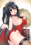  :d ass azur_lane bangs bare_shoulders black_hair black_panties blush brown_legwear chinese_commentary choker cocktail_dress collarbone commentary_request covered_nipples dress eyebrows_visible_through_hair fang fingernails groin hair_between_eyes hair_ornament head_tilt highres lifted_by_self long_hair looking_at_viewer looking_to_the_side nekomicha one_side_up open_mouth panties phonograph red_choker red_dress red_eyes see-through smile solo strap_lift taihou_(azur_lane) thighhighs underwear very_long_hair 