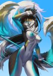  2018 5_fingers alanscampos anthro black_nose blue_areola blue_nipples breasts canine day detailed_background digital_media_(artwork) female fox heterochromia mammal nipples outside pussy sky solo standing 