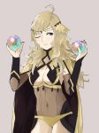  ahoge blonde_hair breasts center_opening circlet cleavage commentary_request covered_navel fire_emblem fire_emblem_heroes fire_emblem_if grey_background grey_eyes highres long_hair medium_breasts one_eye_closed ophelia_(fire_emblem_if) orb sakuuremi simple_background solo 