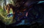  2018 brown_hair day detailed_background digital_media_(artwork) dragon duo female feral feral_on_feral green_eyes hair hi_res horn isvoc male male/female male_penetrating open_mouth outside penetration penis purple_scales scales scalie teeth tongue vaginal vaginal_penetration western_dragon 