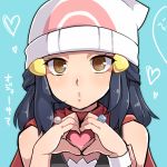  bare_shoulders beanie blue_background blue_hair commentary_request eyelashes face hair_ornament hairclip half_updo hands_up hat heart heart_hands jewelry long_hair looking_at_viewer mokorei parted_lips platinum_berlitz poke_ball_theme pokemon pokemon_special red_scarf ring scarf simple_background solo translated upper_body watch white_hat wristwatch yellow_eyes 