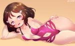  1girl :d bare_arms bare_legs bare_shoulders born-to-die breasts brown_hair collarbone erect_nipples female legs_together looking_at_viewer lying navel on_side open_mouth shiny shiny_skin simple_background small_breasts smile solo thighs 