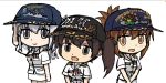  alternate_costume blush_stickers brown_eyes brown_hair character_name chibi commentary_request folded_ponytail gintoki_(gin'iro_no_kantai) grey_eyes grey_hair hat inazuma_(jmsdf) inazuma_(kantai_collection) japan_maritime_self-defense_force japan_self-defense_force kaga_(jmsdf) kaga_(kantai_collection) kantai_collection military multiple_girls open_mouth side_ponytail smile suzutsuki_(jmsdf) suzutsuki_(kantai_collection) v_arms 