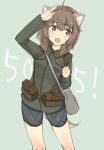  505th_joint_fighter_wing :d ahoge animal_ears aohashi_ame bag belt bike_shorts black_shorts brown_eyes brown_hair commentary cowboy_shot dog_ears dog_tail eyebrows_visible_through_hair green_background green_jacket inufusa_yuno jacket leaning_to_the_side long_sleeves looking_at_viewer military military_uniform open_mouth salute satchel short_hair shorts smile solo standing tail uniform utility_belt world_witches_series 
