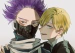  blonde_hair blue_eyes boku_no_hero_academia grey_background hand_on_shoulder highres looking_at_viewer male_focus mask monoma_neito multiple_boys open_mouth portrait purple_eyes purple_hair shinsou_hitoshi simple_background spiked_hair yuki_(kagamine-yuki) 