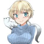  aohashi_ame arms_behind_back bangs blonde_hair blue_eyes blue_sweater breasts closed_mouth commentary_request eyebrows_visible_through_hair highres looking_at_viewer medium_breasts nikka_edvardine_katajainen ribbed_sweater short_hair simple_background smile solo strike_witches sweater turtleneck turtleneck_sweater upper_body weasel white_background world_witches_series 