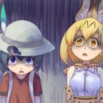 animal_ears backpack bag bare_shoulders black_hair blonde_hair blue_eyes bucket_hat commentary_request elbow_gloves gloves hat hat_feather kaban_(kemono_friends) kemono_friends multiple_girls neck_ribbon ribbon serval_(kemono_friends) serval_ears serval_print shaded_face short_hair surprised t_jiroo_(ringofriend) yellow_eyes 