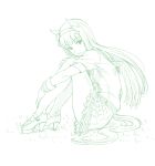  animal_ears ear_covers full_body grass green hairband high_heels horse_ears horse_girl knees_up leg_hug lineart long_hair looking_at_viewer misnon_the_great monochrome silence_suzuka sitting skirt smile solo tail umamusume wristband 