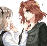  2girls azumi_(girls_und_panzer) black_jacket black_ribbon blue_eyes brown_eyes brown_hair casual closed_mouth commentary dress_shirt eyebrows_visible_through_hair finger_to_mouth girls_und_panzer hair_intakes hair_ribbon heart jacket light_brown_hair light_frown light_smile long_sleeves military military_uniform multiple_girls ribbon selection_university_military_uniform shimada_arisu shirt simple_background skirt spoken_heart suspender_skirt suspenders sweatdrop uniform white_background white_shirt yuri yuuyu_(777) 