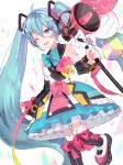  ;d ahoge bangs bare_shoulders black_legwear blue_bow blue_eyes blue_hair blue_neckwear bow colorful crossed_bangs detached_sleeves dress eyebrows_visible_through_hair hair_between_eyes hair_ribbon hatsune_miku leg_up long_hair long_sleeves magical_mirai_(vocaloid) multicolored multicolored_clothes multicolored_dress number_tattoo one_eye_closed open_mouth pink_bow ribbon saz8720 sleeveless sleeveless_dress smile solo sparkle tattoo teeth thighhighs twintails very_long_hair vocaloid white_background white_bow white_ribbon 