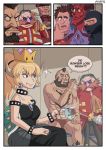  3koma 6+boys artist_name ayyk92 bangs bare_shoulders black_dress black_nails blonde_hair blue_eyes blush bowsette bracelet character_request chest_hair collar comic commentary crown cup demon_horns dr._eggman dress earrings english eyeshadow facial_hair fang fang_out glasses goggles goggles_on_head highres horns jewelry looking_at_another makeup mario_(series) multiple_boys muscle mustache nail_polish new_super_mario_bros._u_deluxe nose_blush ponytail red_skin ring satan sitting smile sonic_the_hedgehog spiked_bracelet spiked_collar spikes street_fighter street_fighter_ii_(series) street_fighter_v super_crown super_mario_bros. sweat sweatdrop tea teacup towel turtle_shell vega wedding_band wedding_ring wreck-it_ralph wreck-it_ralph_(character) zangief 