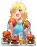  1girl :d ahoge blonde_hair blue_eyes blue_shirt blush collarbone cup drink eyebrows_visible_through_hair food hair_over_one_eye hamburger holding holding_food jormungand long_hair open_mouth sayshownen schokolade shirt short_sleeves simple_background smile solo sparkle t-shirt upper_body white_background 