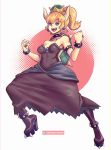  2018 5_fingers armband big_breasts blonde_hair blue_eyes bowser bowsette breasts cleavage clothed clothing collar crossgender dress female gender_transformation grin hair hi_res high_heel_shoes horn looking_at_viewer mario_bros mtf_transformation nintendo simple_background smile solo spiked_collar spikes supersatanson transformation video_games 