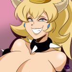  2018 animal_humanoid big_breasts blonde_hair blue_eyes bowser bowsette breasts collar crossgender female frank-araya game_(disambiguation) gender_transformation grin hair hi_res horn humanoid invalid_tag koopa looking_at_viewer mario_bros nintendo reptile reptile_humanoid scalie simple_background smile solo spiked_collar spikes transformation video_games 