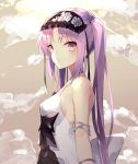  armlet arms_at_sides bangs bare_shoulders black_bow blush bow bracelet breasts choker closed_mouth cloud cloudy_sky commentary_request dress euryale eyebrows_visible_through_hair fate/grand_order fate_(series) frilled_hairband frills from_side hairband jewelry lolita_hairband long_hair looking_at_viewer looking_to_the_side medium_breasts parted_bangs pearl purple_eyes purple_hair sideboob sky sleeveless sleeveless_dress solo sutaa_dasuto-kun twintails upper_body white_choker white_dress 