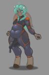  2018 angele_hidden anthro balls big_balls big_ears blue_hair blush bodysuit bovine bulge clothed clothing erection erection_under_clothes fully_clothed girly grey_background hair hooves horn long_hair male mammal penis_outline penis_shaped_bulge simple_background skinsuit slightly_chubby solo standing tight_clothing 