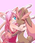  2_tails anthro blue_eyes brown_fur cat clothed clothing cute cute_fangs dress eyes_closed feline female fully_clothed fur girly hair happy hug inner_ear_fluff long_ears long_hair looking_at_another lopunny mammal multi_tail nintendo nude one_eye_closed pink_background pink_hair pok&eacute;mon pok&eacute;mon_(species) redmatzoo shiny_pok&eacute;mon signature simple_background smile standing ventra video_games 
