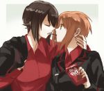  arm_around_neck bangs black_jacket brown_eyes brown_hair commentary dress_shirt eyebrows_visible_through_hair food food_in_mouth girls_und_panzer gradient gradient_background grey_background holding holding_food incest jacket jacket_on_shoulders kuromorimine_military_uniform long_sleeves looking_at_another military military_uniform mouth_hold multiple_girls nishizumi_maho nishizumi_miho pocky pocky_kiss red_shirt shared_food shirt short_hair siblings sisters uniform wing_collar yuri yuuyu_(777) 