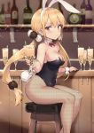  animal_ears bar_stool bare_shoulders blonde_hair blush bow bowtie breasts bubble_tea bunny_ears bunnysuit cleavage commentary covered_navel detached_collar drink eyebrows_visible_through_hair fake_animal_ears fishnet_pantyhose fishnets from_side hairband haoni indoors leotard long_hair looking_at_viewer low_twintails medium_breasts orange_eyes pantyhose shokuyou-kei_shoujo sitting solo stool twintails unmoving_pattern virtual_youtuber wrist_cuffs 