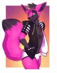  anthro black_hair black_nose bulge canine clothed clothing cmos digital_media_(artwork) dipstick_tail fox fur girly hair hairtwo_tone_fur lockworkorange male mammal multicolored_tail pink_eyes pink_fur pinup pose simple_background smile solo standing underwear 