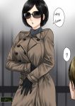 1girl ada_wong black_gloves black_hair blush brown_coat brown_hair coat commentary english gameplay_mechanics gloves leon_s_kennedy looking_at_viewer resident_evil resident_evil_2 scarf short_hair solo_focus speech_bubble xtermination 