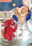  2018 4_eyes aceo alien angry anniabstract antennae back_spines blue_skin blue_tongue claws dipstick_antennae disney duo experiment_(species) fur hand_on_face jumba_jookiba kweltikwan lab_coat laboratory leroy_(lilo_&amp;_stitch) lilo_and_stitch looking_at_another low_res multi_arm multi_eye multi_limb open_mouth open_smile red_claws red_fur red_nose small_tail smile space toe_claws traditional_media_(artwork) 