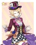  alice_in_wonderland bangs black_skirt blonde_hair blue_eyes bowl braid checkered checkered_skirt closed_mouth commentary cosplay cup darjeeling diagonal-striped_background diagonal_stripes eyebrows_visible_through_hair flower frilled_skirt frills girls_und_panzer hat hat_feather hat_flower holding holding_cup holding_teapot light_smile long_sleeves looking_at_viewer mad_hatter mad_hatter_(cosplay) one_eye_closed orange_background purple_coat purple_hat purple_legwear purple_neckwear short_hair sitting skirt solo sparkle standing star_hat_ornament striped striped_background teacup thighhighs tied_hair top_hat twin_braids yuuyu_(777) 