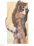  2018 anthro biped butt claws digital_drawing_(artwork) digital_media_(artwork) eyes_closed fur hair hi_res hybrid hyena invalid_tag laudanumserum looking_at_viewer male mammal marsupial nude open_mouth opossum simple_background smile solo tongue v_sign 