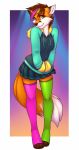  2018 canine clothed clothing cute digital_media_(artwork) female fox fur green_eyes hair highlights hoodie icefoxx inner_ear_fluff leggings legwear lockworkorange mammal multicolored_fur orange_fur portrait shirt short_hair simple_background skirt smile solo thigh_highs toes white_fur 