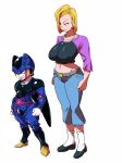  1girl android_18 belt blonde_hair bob_cut breasts cell_junior clenched_teeth closed_mouth dragon_ball dragon_ball_super earrings erect_nipples feet full_body highres hoop_earrings jewelry large_breasts legs legs_apart legs_together looking_away midriff navel necklace pants pearl_necklace rickert_kai shoes short_hair simple_background size_difference smile standing teeth thighs white_background 