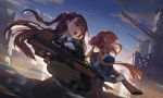  1girl 2girls american_flag bangs bipod black_legwear blazer blush bolt_action breasts brown_hair bullpup crane dress dusk ecien eyebrows_visible_through_hair girls_frontline gloves green_eyes gun hair_between_eyes hair_ribbon hair_rings holding holding_gun holding_weapon jacket large_breasts long_hair looking_afar looking_at_viewer m1903_springfield m1903_springfield_(girls_frontline) multiple_girls necktie one_knee one_side_up open_mouth outdoors pantyhose ponytail purple_hair red_eyes ribbon rifle shirt sidelocks skirt smile smoke sniper_rifle solo tracer_fire trigger_discipline tsurime twintails wa2000_(girls_frontline) walther walther_wa_2000 weapon white_dress 