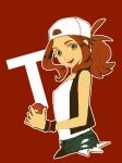  alternate_eye_color baseball_cap brown_hair canari commentary_request denim denim_shorts green_eyes hat highres jacket long_hair looking_at_viewer open_mouth pokemon pokemon_(game) pokemon_bw ponytail shorts smile solo touko_(pokemon) vest wristband 