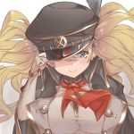  black_eyes black_hat blonde_hair blush breasts brown_gloves closed_mouth fingerless_gloves gloves gradient gradient_background granblue_fantasy hand_on_headwear hat hat_feather hat_over_one_eye izupix large_breasts long_hair looking_at_viewer monica_weisswind smile solo twintails upper_body 