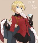  black_gloves black_skirt blonde_hair blue_eyes braid cape cape_removed capelet commentary_request darjeeling dated eyebrows_visible_through_hair french_braid fur-trimmed_capelet fur_trim girls_und_panzer gloves holding_cape looking_at_viewer ree_(re-19) short_hair skirt smile solo st._gloriana's_military_uniform tan_background 
