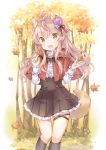  :d animal_ears autumn autumn_leaves capelet commentary fang flower forest frilled_skirt frills hair_flower hair_ornament nature open_mouth original pleated_skirt shirt skirt smile solo tail tree wataame27 wolf_ears wolf_tail yellow_eyes 